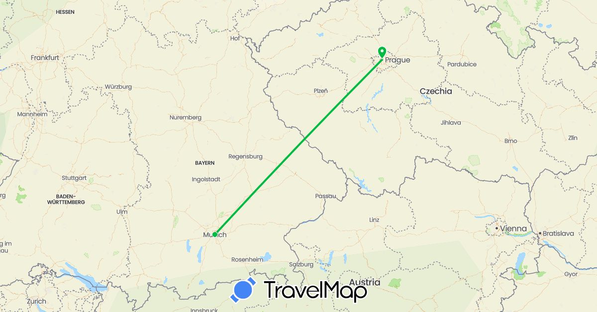 TravelMap itinerary: driving, bus in Czech Republic, Germany (Europe)